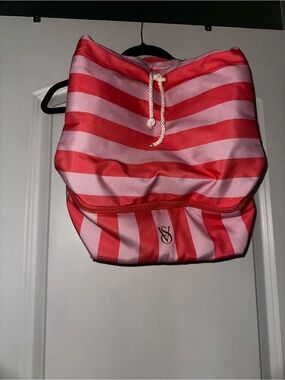 Victoria's Secret Pink and Red Striped Canvas Drawstring Backpack